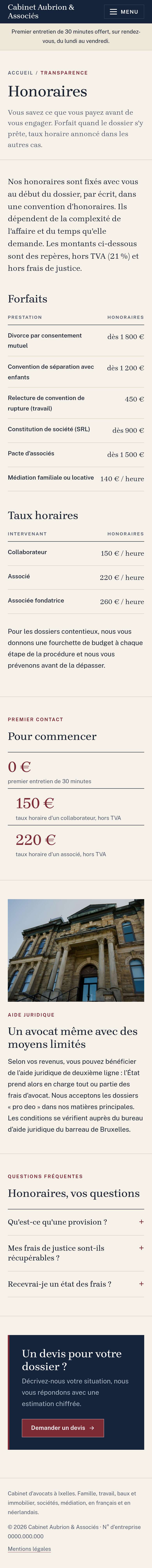 La page « Honoraires » du modèle Lex sur un téléphone, partie 1 sur 2