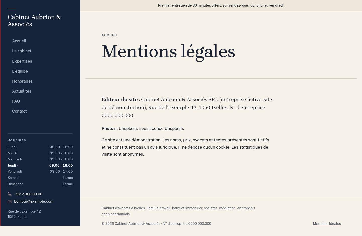 La page « Mentions légales » du modèle Lex sur un ordinateur