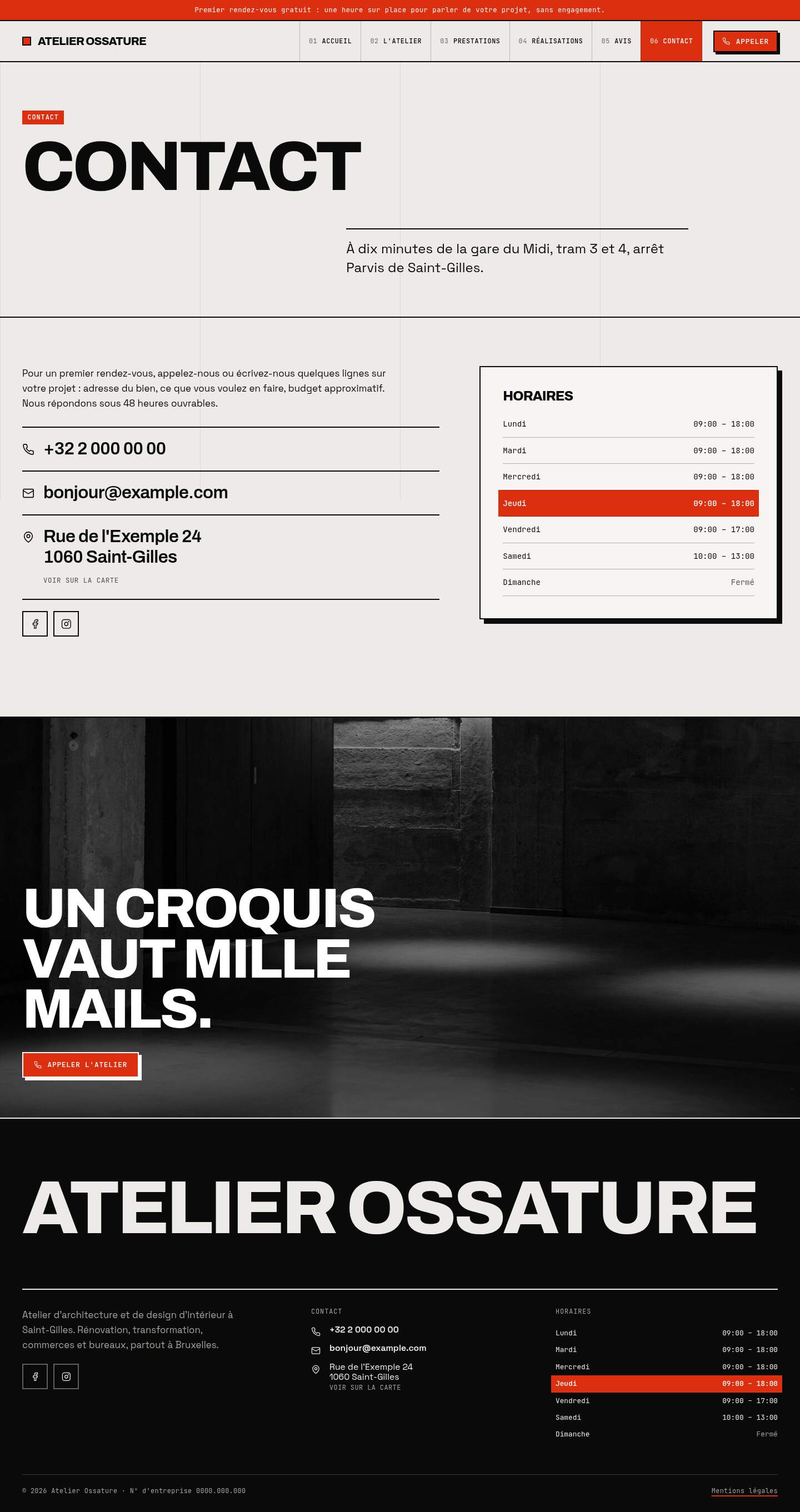 La page « Contact » du modèle Monolith sur un ordinateur