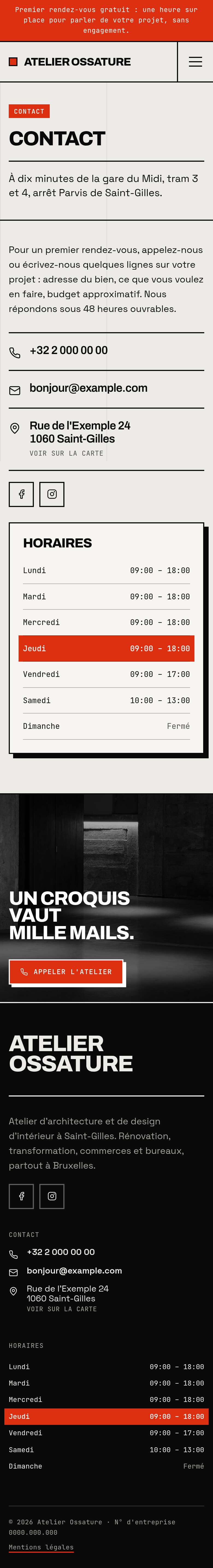 La page « Contact » du modèle Monolith sur un téléphone, partie 1 sur 2