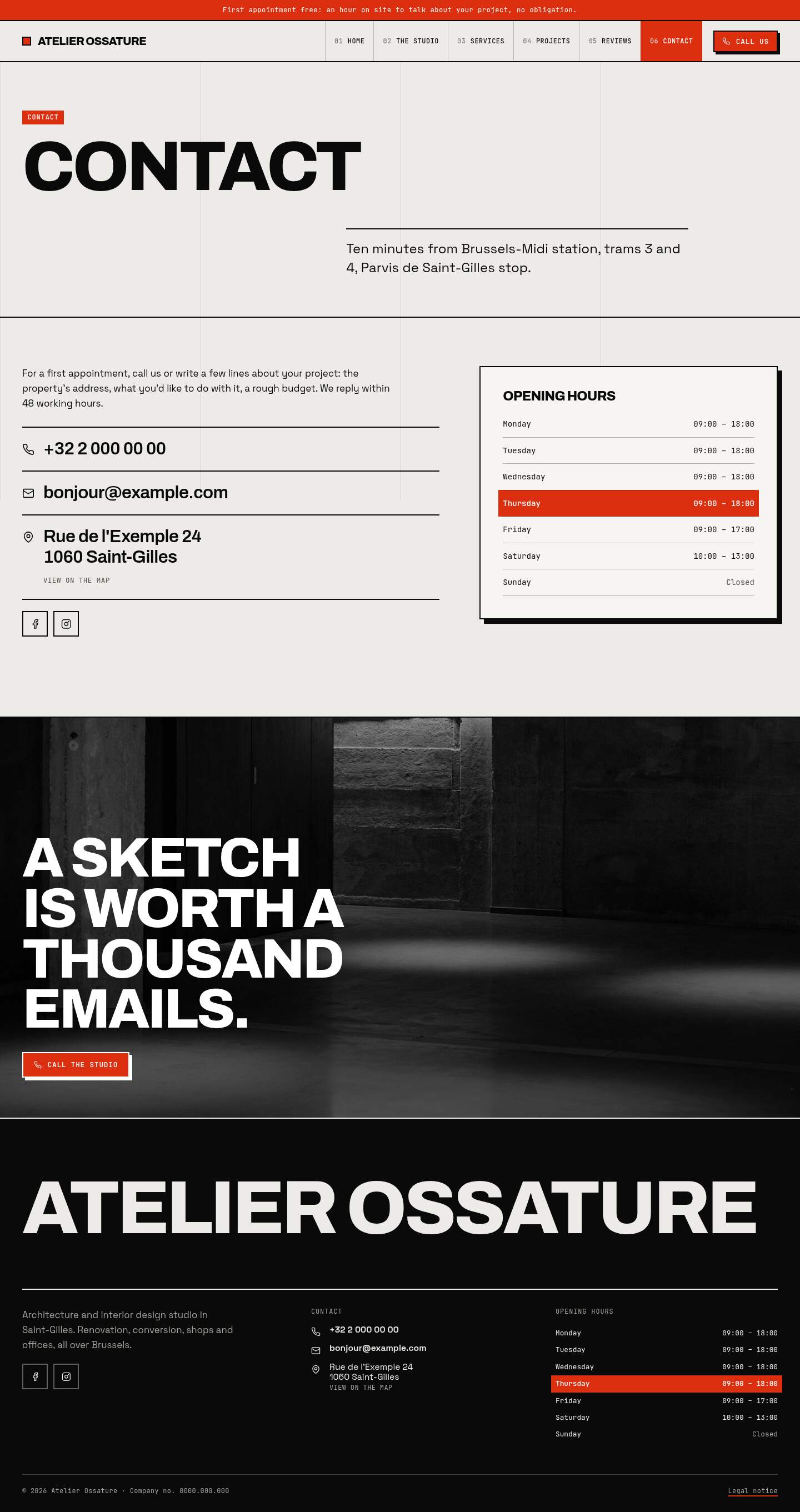 The “Contact” page of the Monolith design on a computer