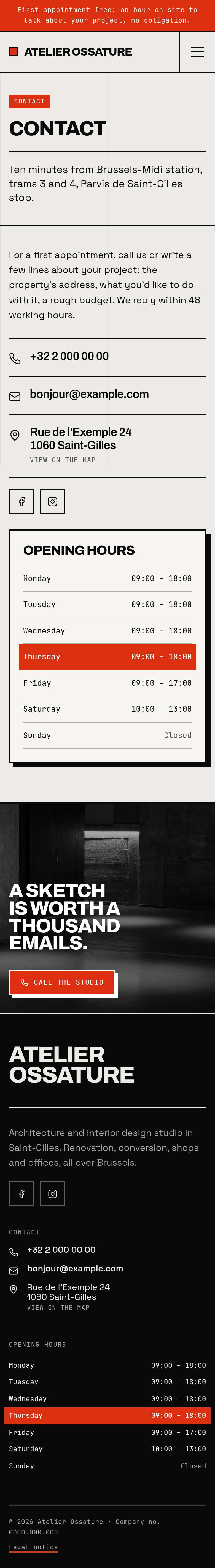 The “Contact” page of the Monolith design on a phone, part 1 of 2