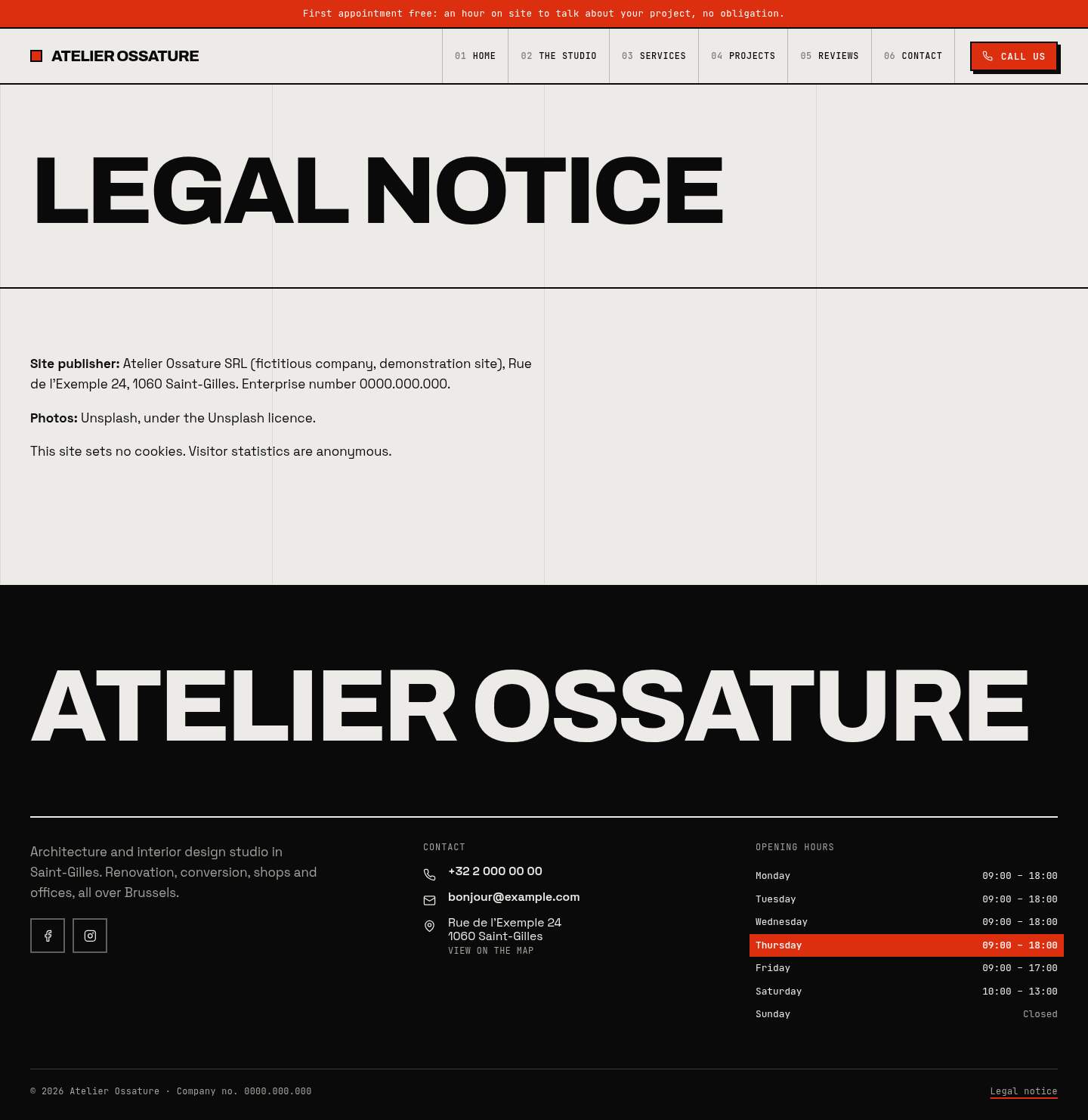The “Legal notice” page of the Monolith design on a computer