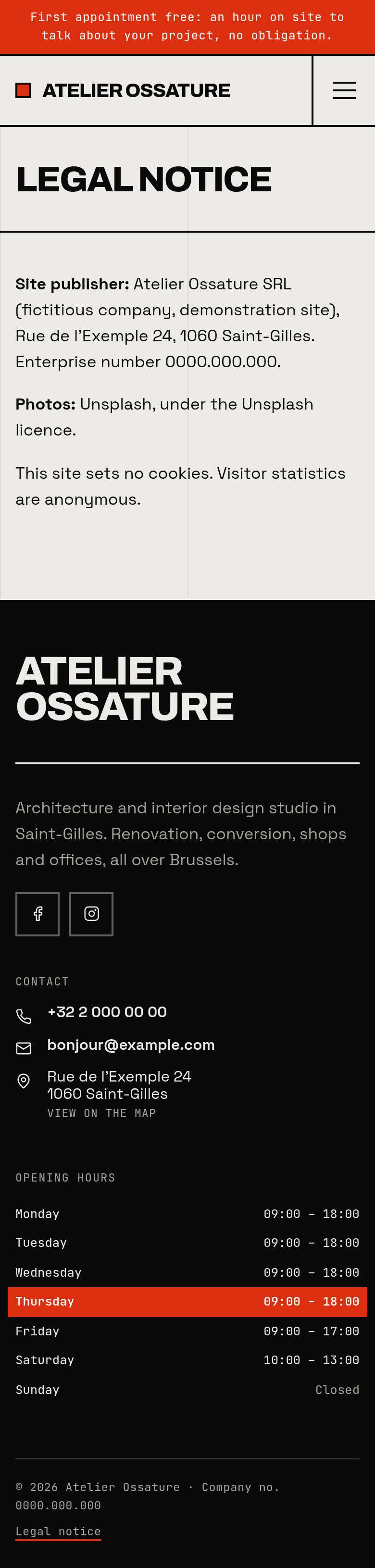 The “Legal notice” page of the Monolith design on a phone, part 1 of 1