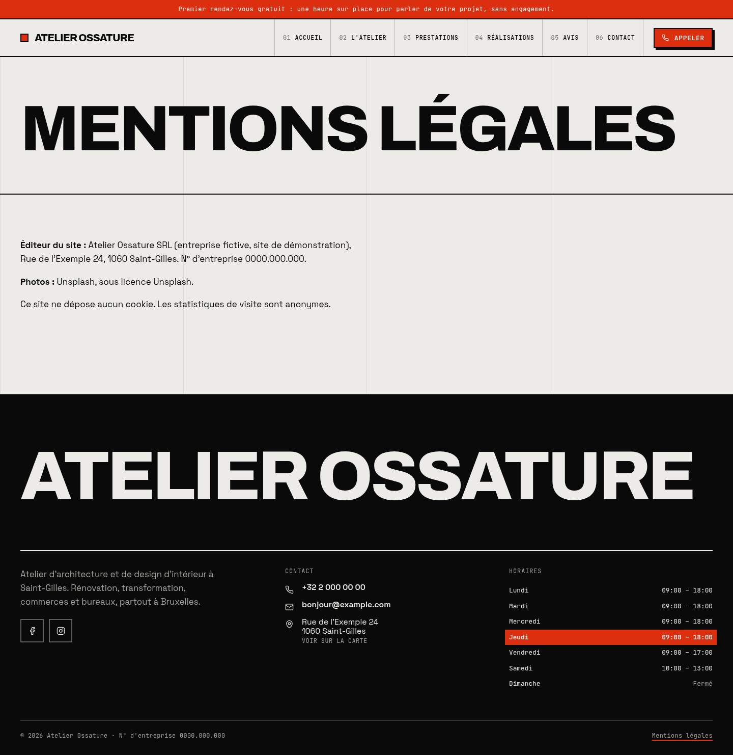 La page « Mentions légales » du modèle Monolith sur un ordinateur