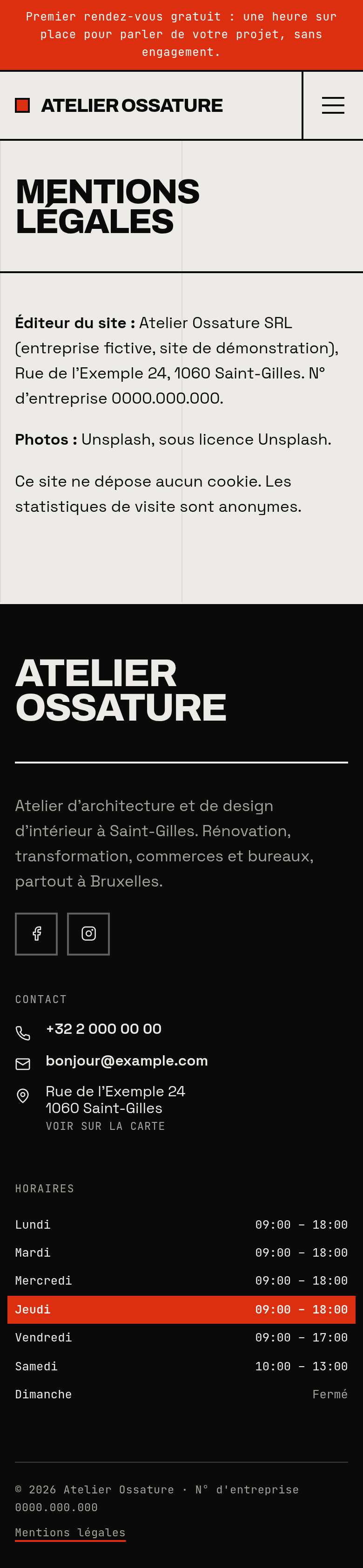 La page « Mentions légales » du modèle Monolith sur un téléphone, partie 1 sur 1