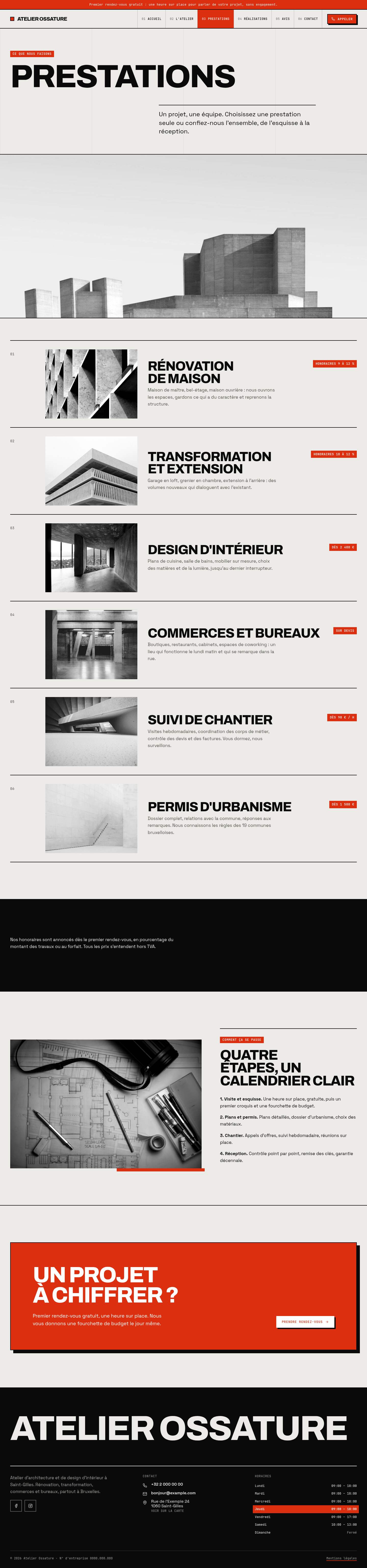 La page « Prestations » du modèle Monolith sur un ordinateur