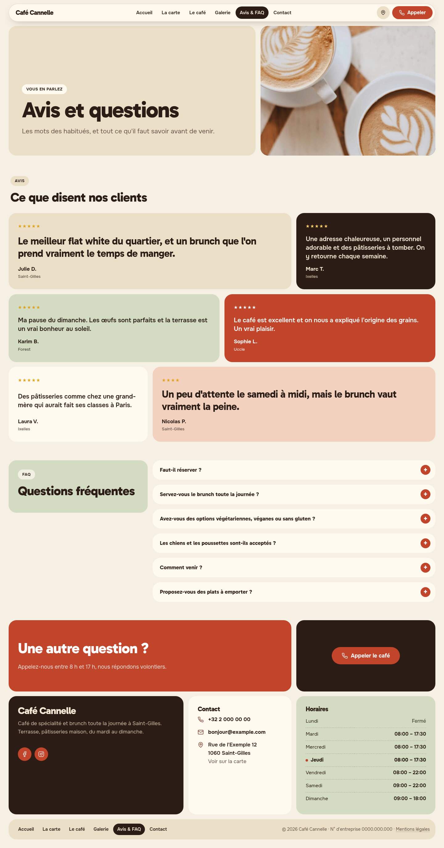 La page « Avis & FAQ » du modèle Mosaic sur un ordinateur