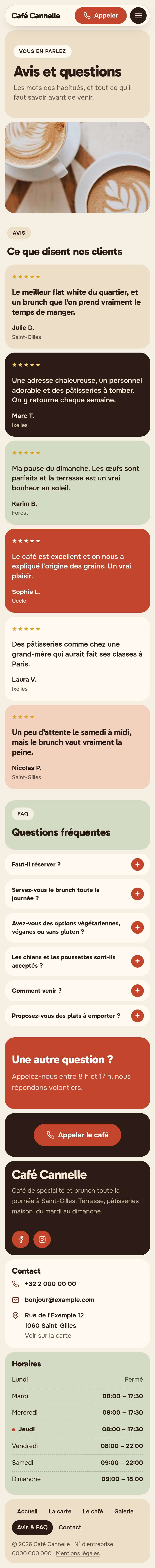 La page « Avis & FAQ » du modèle Mosaic sur un téléphone, partie 1 sur 2