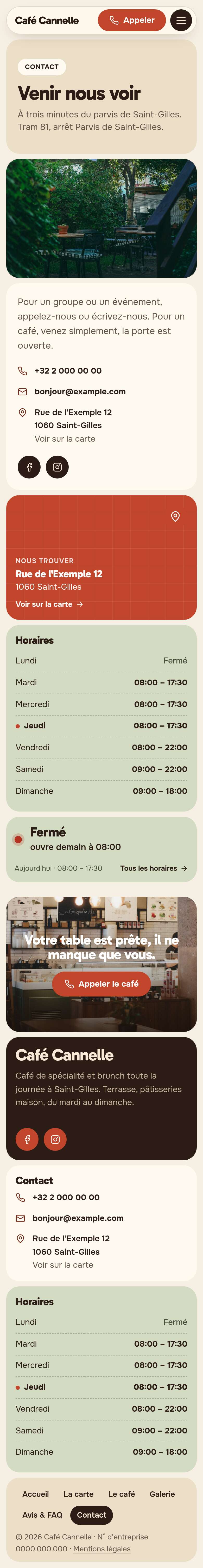 La page « Contact » du modèle Mosaic sur un téléphone, partie 1 sur 2