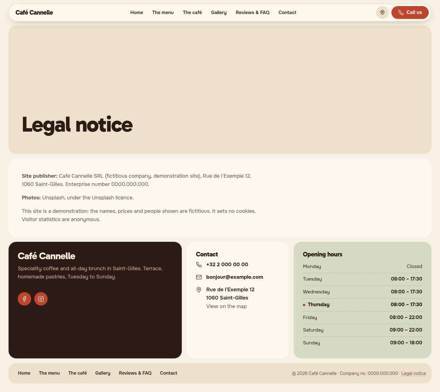 The “Legal notice” page of the Mosaic design on a computer