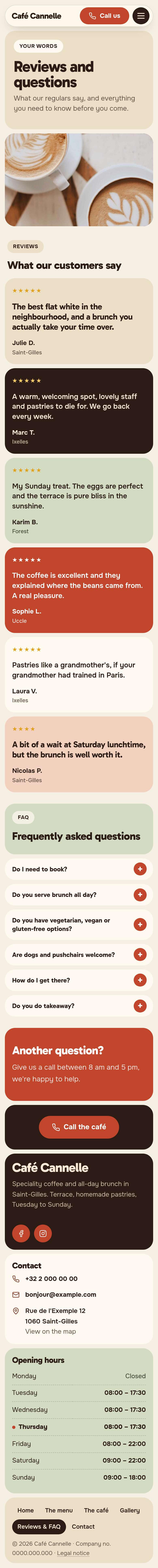 The “Reviews & FAQ” page of the Mosaic design on a phone, part 1 of 2