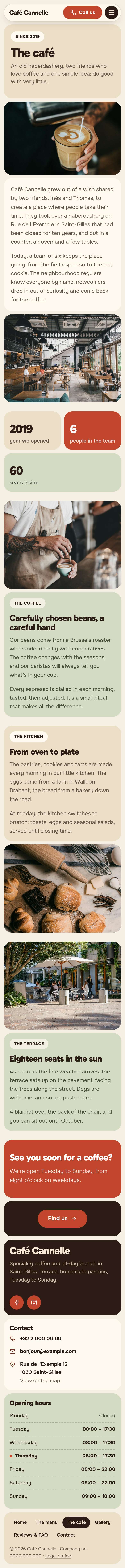 The “The café” page of the Mosaic design on a phone, part 1 of 2