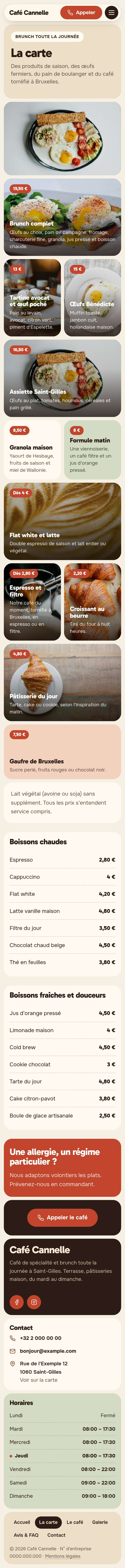 La page « La carte » du modèle Mosaic sur un téléphone, partie 1 sur 2