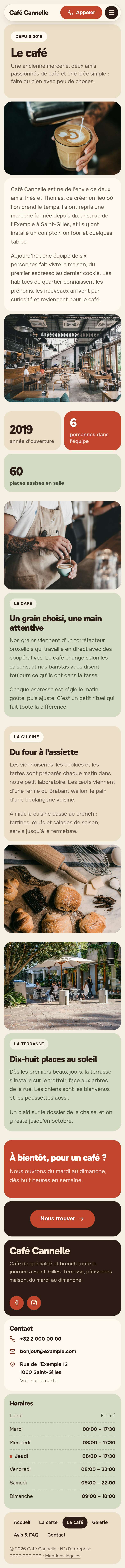 La page « Le café » du modèle Mosaic sur un téléphone, partie 1 sur 2