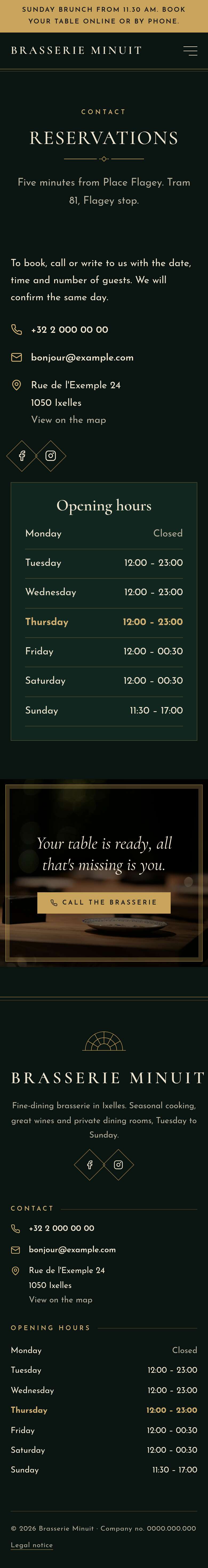 The “Contact” page of the Nox design on a phone, part 1 of 2