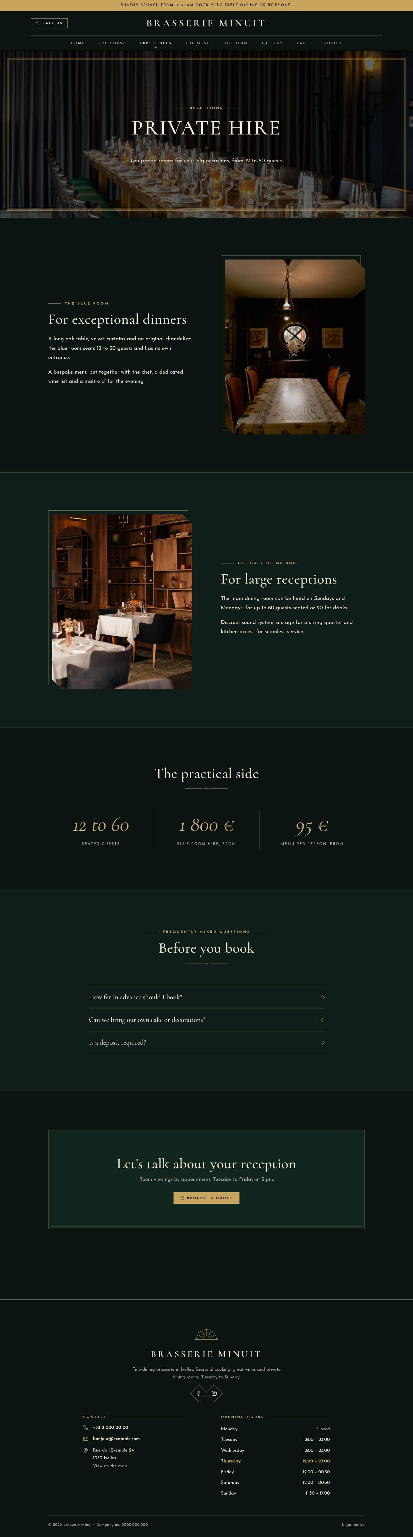 The “Private hire” page of the Nox design on a computer