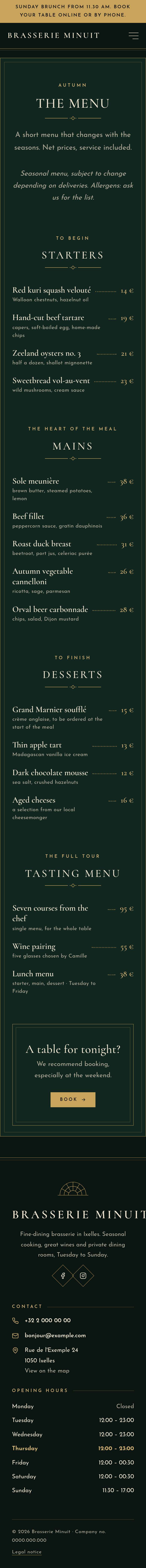 The “The menu” page of the Nox design on a phone, part 1 of 2