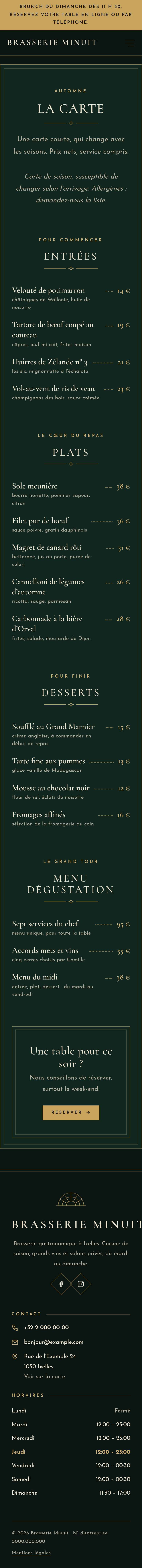 La page « La carte » du modèle Nox sur un téléphone, partie 1 sur 2