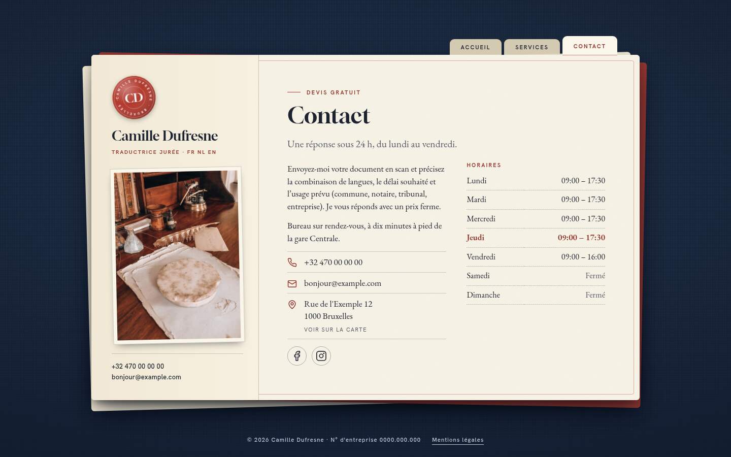 La page « Contact » du modèle Signet sur un ordinateur