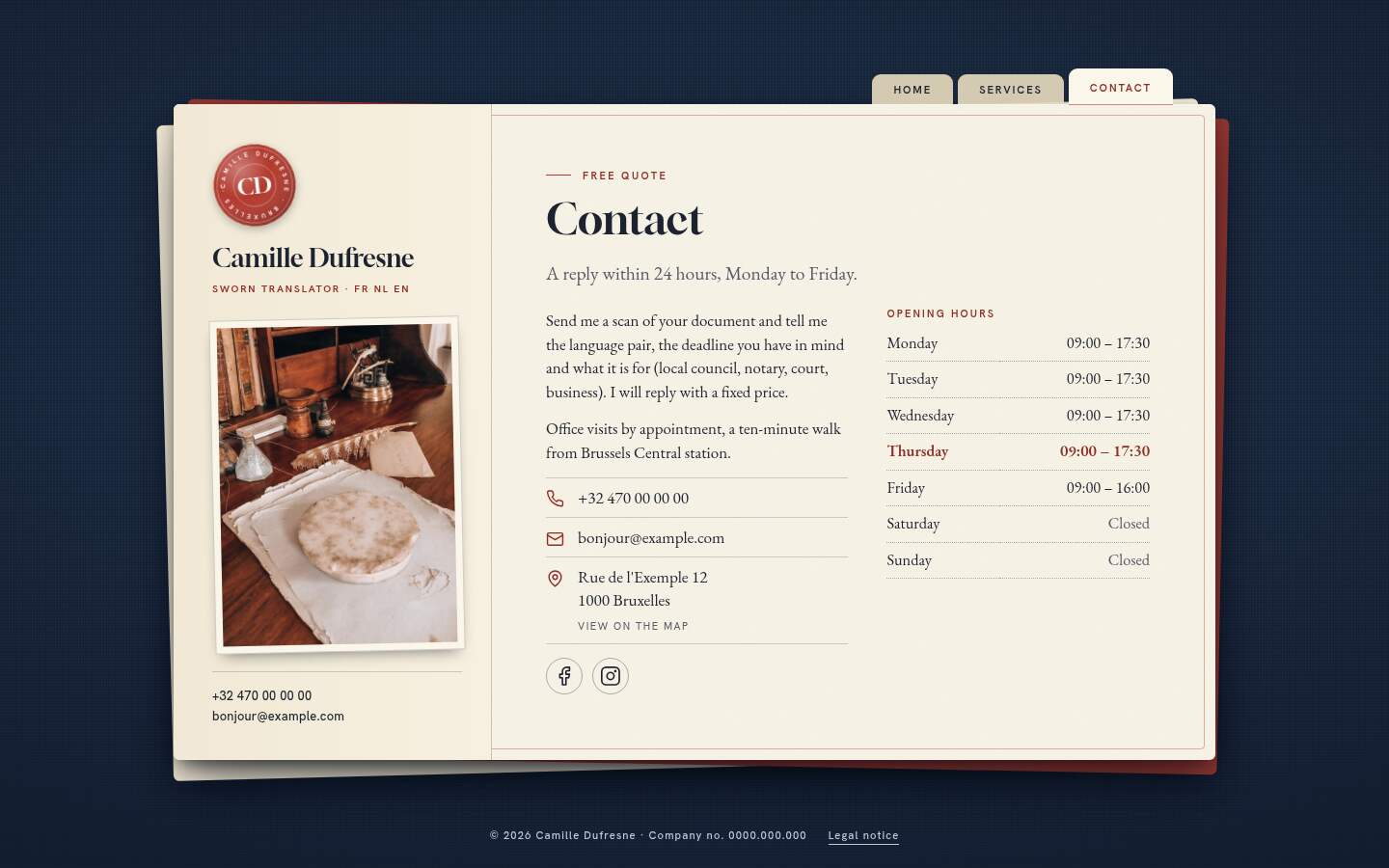 The “Contact” page of the Signet design on a computer