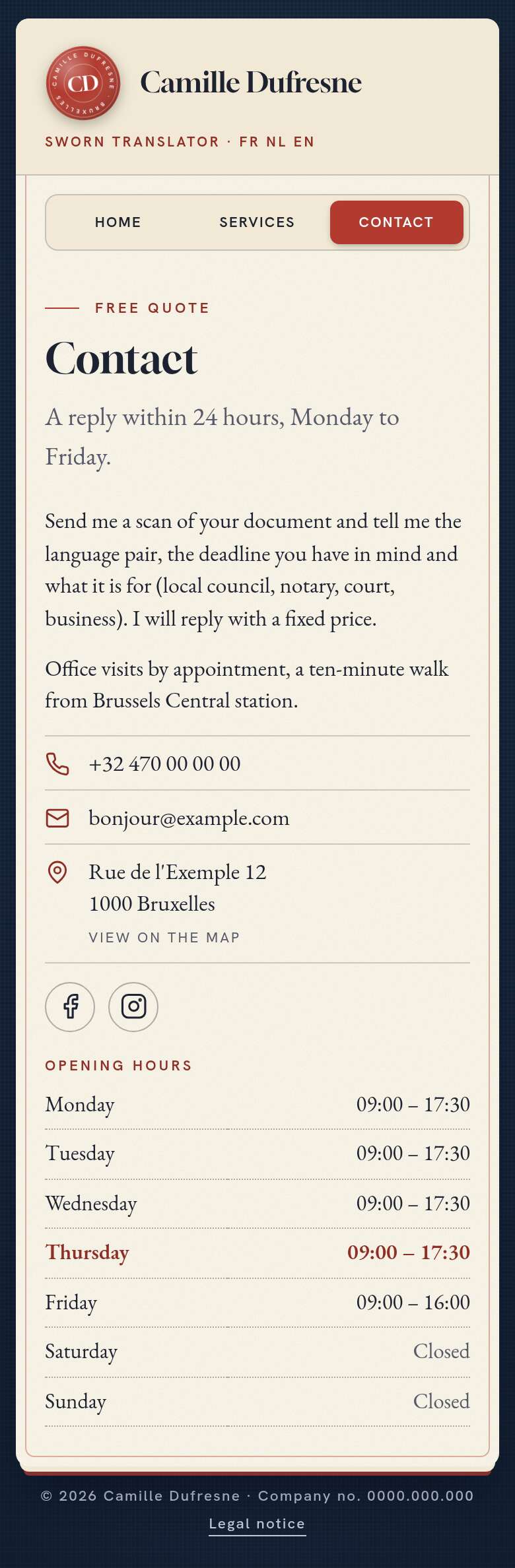 The “Contact” page of the Signet design on a phone, part 1 of 1