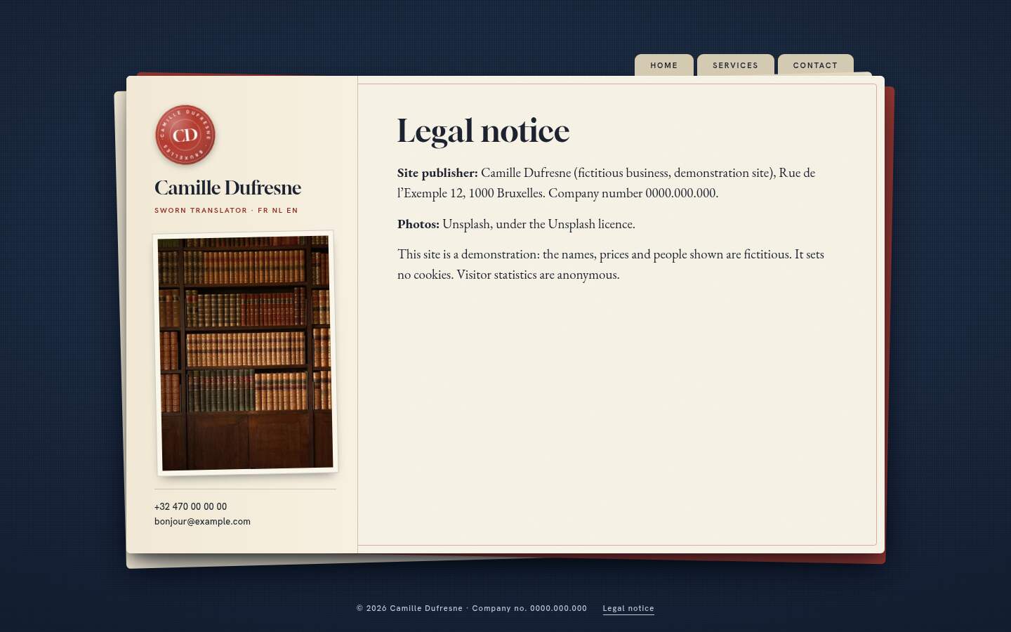 The “Legal notice” page of the Signet design on a computer