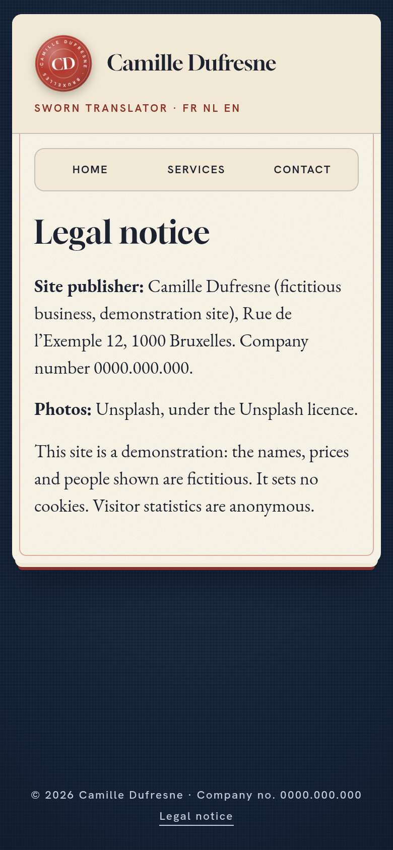 The “Legal notice” page of the Signet design on a phone, part 1 of 1