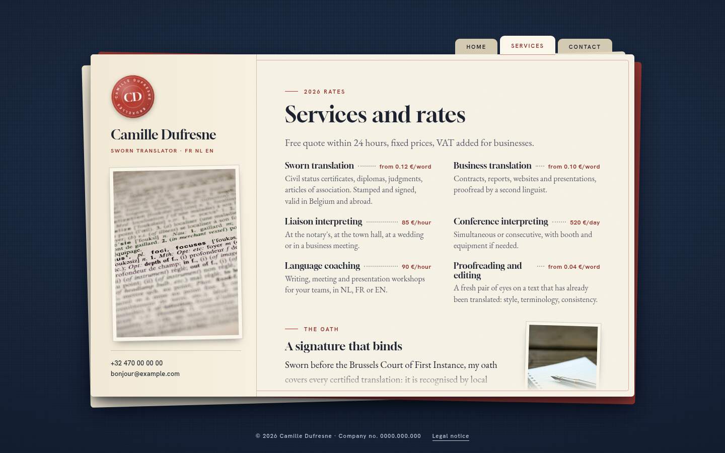 The “Services” page of the Signet design on a computer