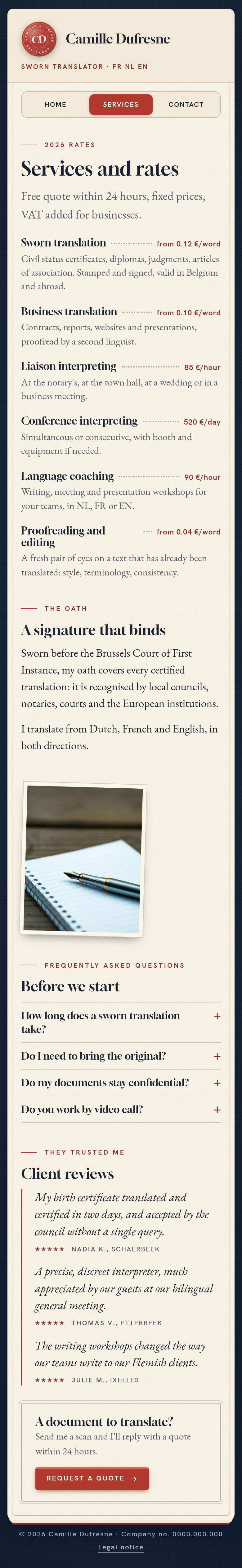 The “Services” page of the Signet design on a phone, part 1 of 1