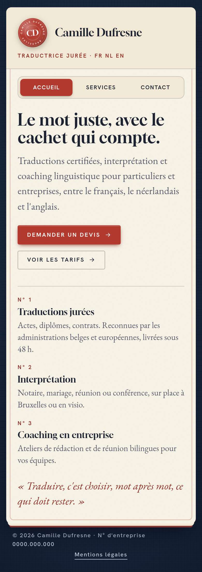 La page « Accueil » du modèle Signet sur un téléphone, partie 1 sur 1