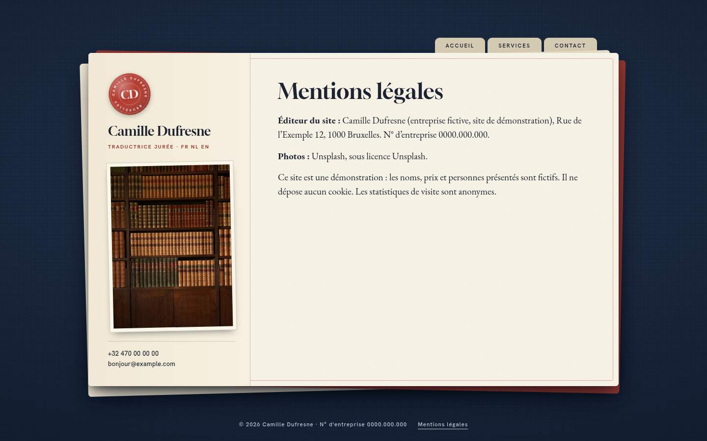 La page « Mentions légales » du modèle Signet sur un ordinateur