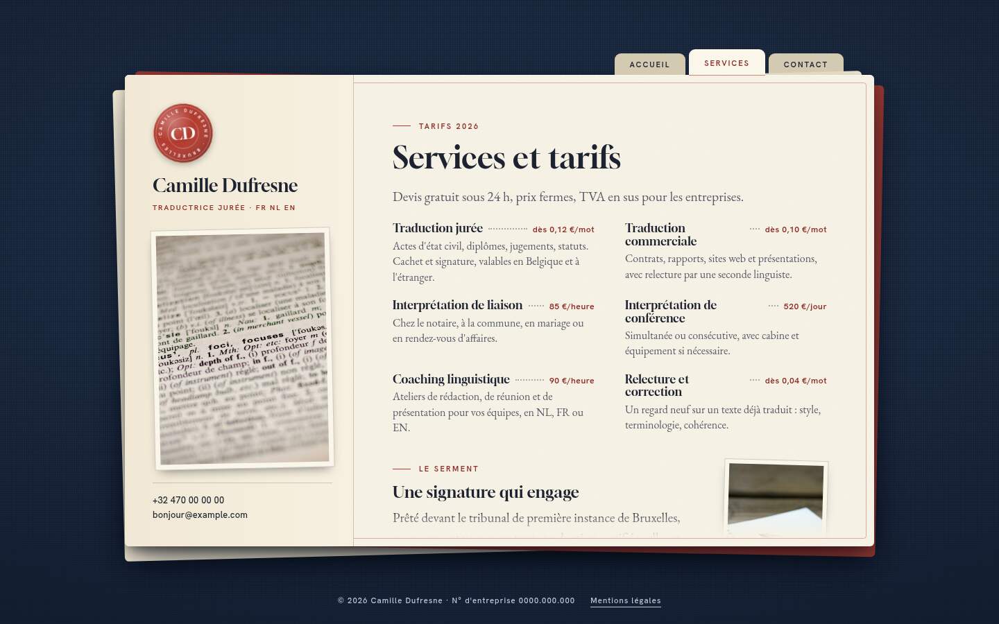 La page « Services » du modèle Signet sur un ordinateur