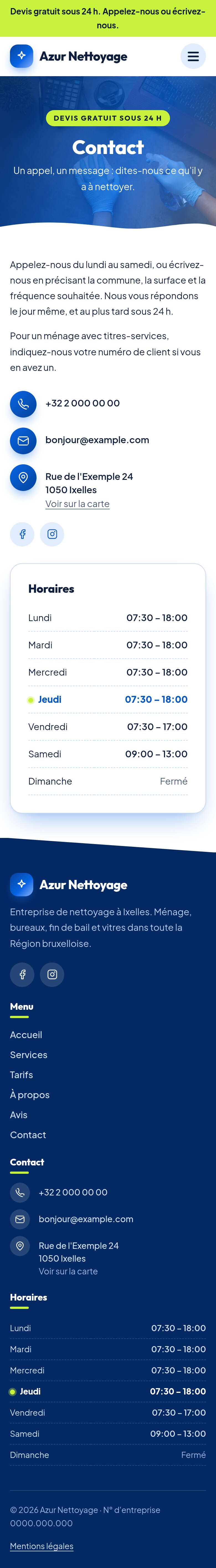 La page « Contact » du modèle Summit sur un téléphone, partie 1 sur 2