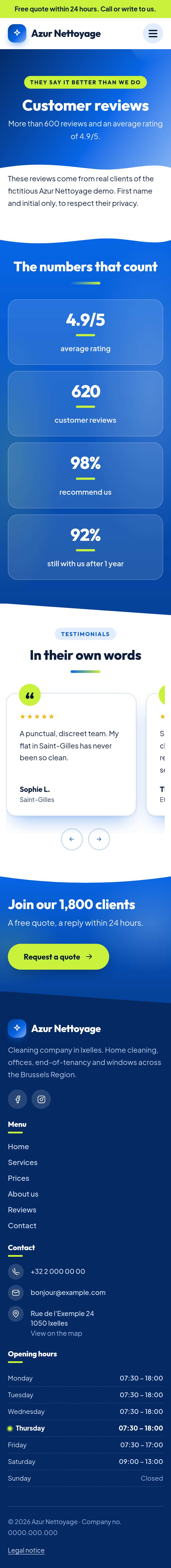 The “Reviews” page of the Summit design on a phone, part 1 of 2