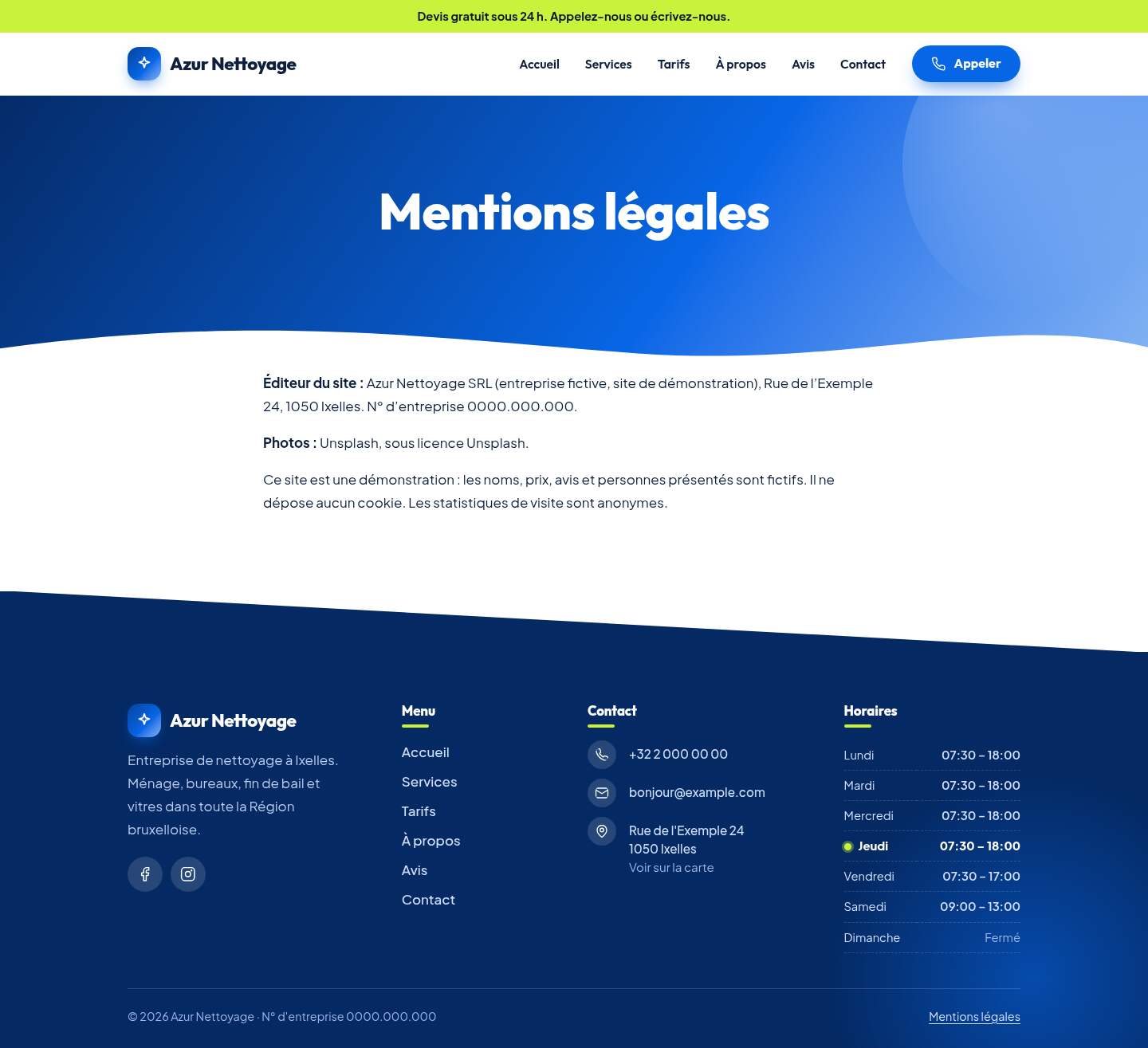 La page « Mentions légales » du modèle Summit sur un ordinateur