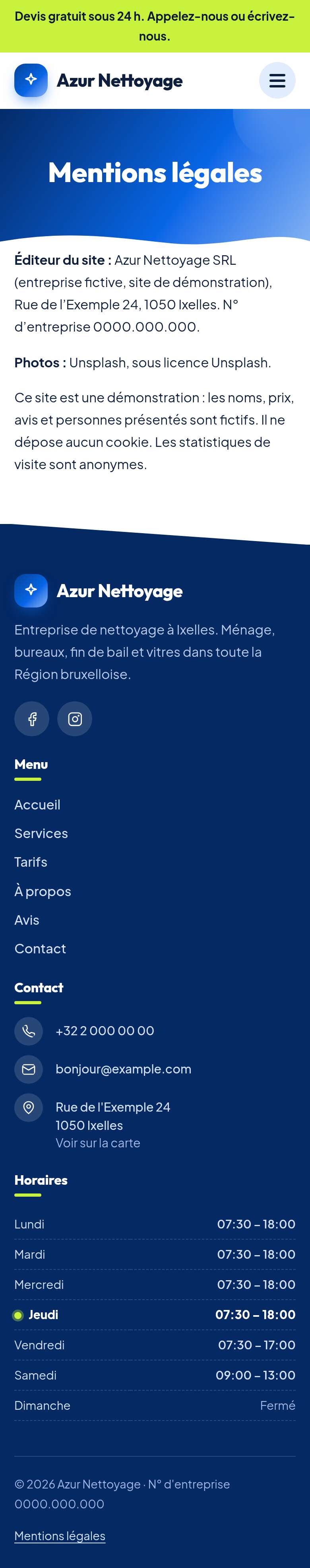 La page « Mentions légales » du modèle Summit sur un téléphone, partie 1 sur 1