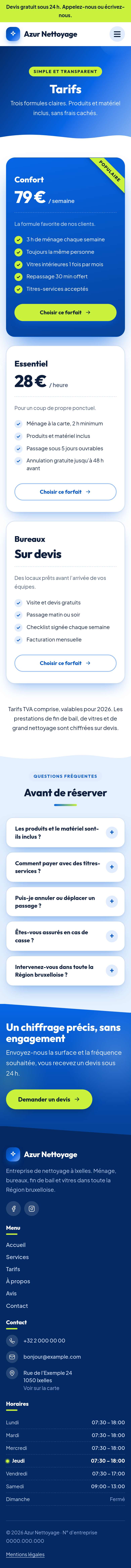 La page « Tarifs » du modèle Summit sur un téléphone, partie 1 sur 2