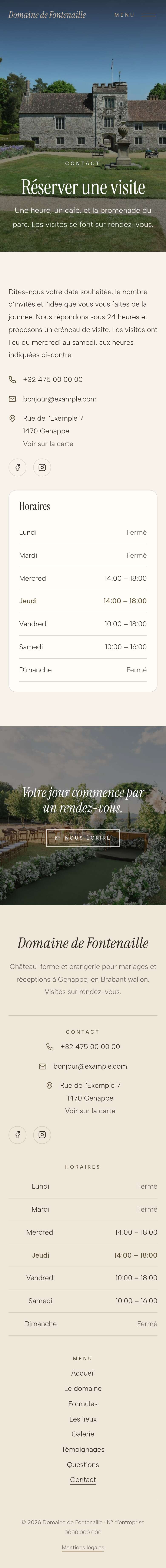 La page « Contact » du modèle Veil sur un téléphone, partie 1 sur 2
