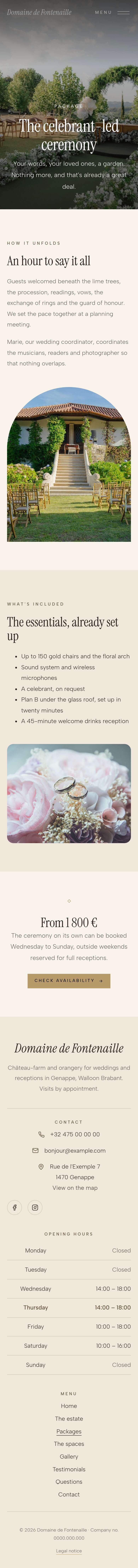 The “Celebrant-led ceremony” page of the Veil design on a phone, part 1 of 2