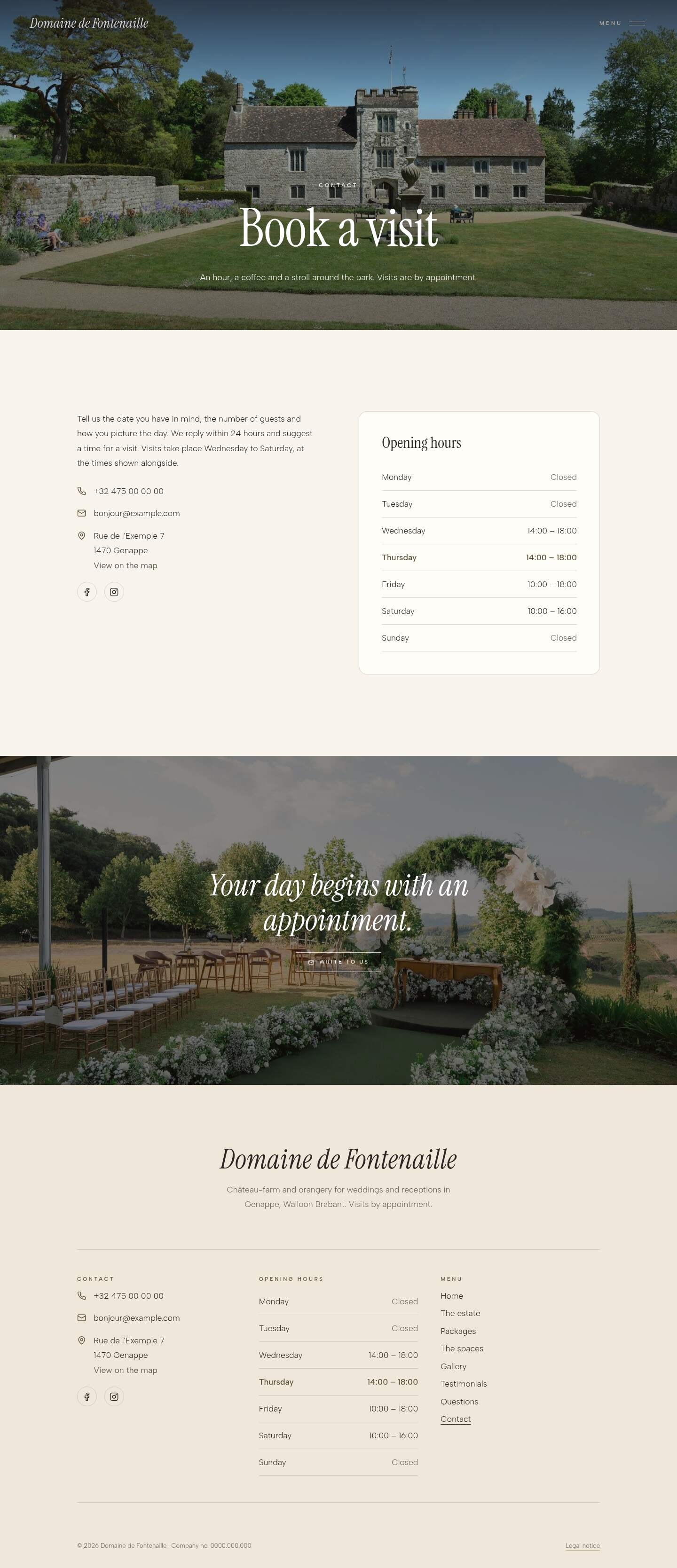 The “Contact” page of the Veil design on a computer