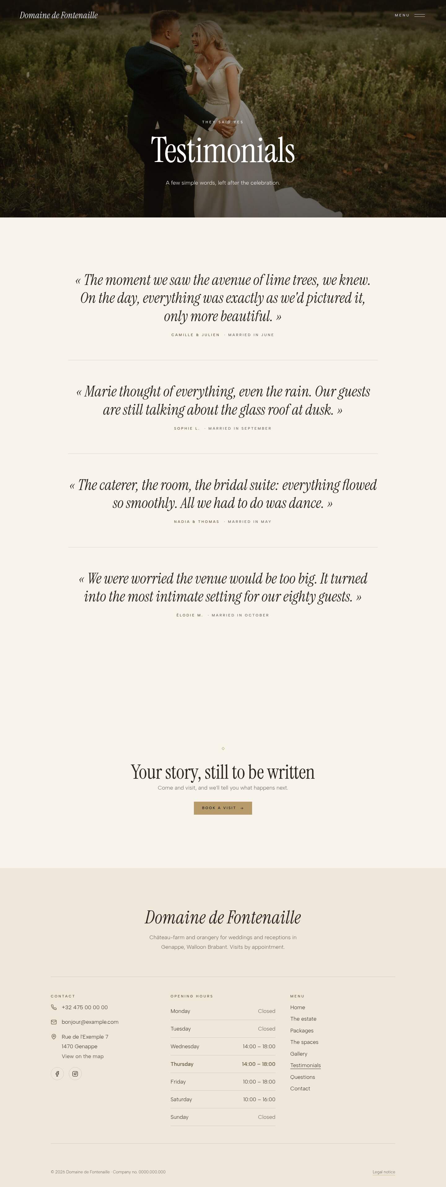 The “Testimonials” page of the Veil design on a computer
