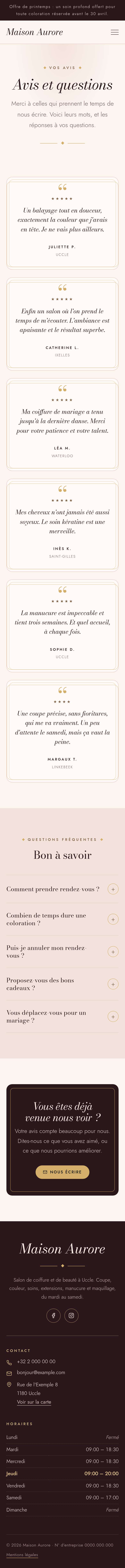 La page « Avis » du modèle Velvet sur un téléphone, partie 1 sur 2