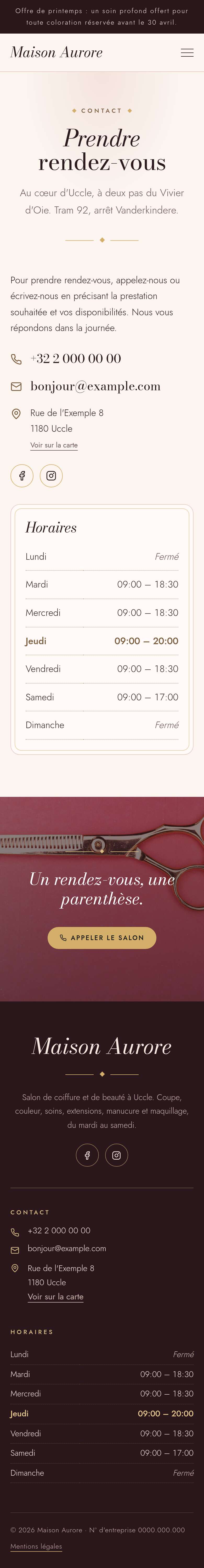 La page « Contact » du modèle Velvet sur un téléphone, partie 1 sur 2