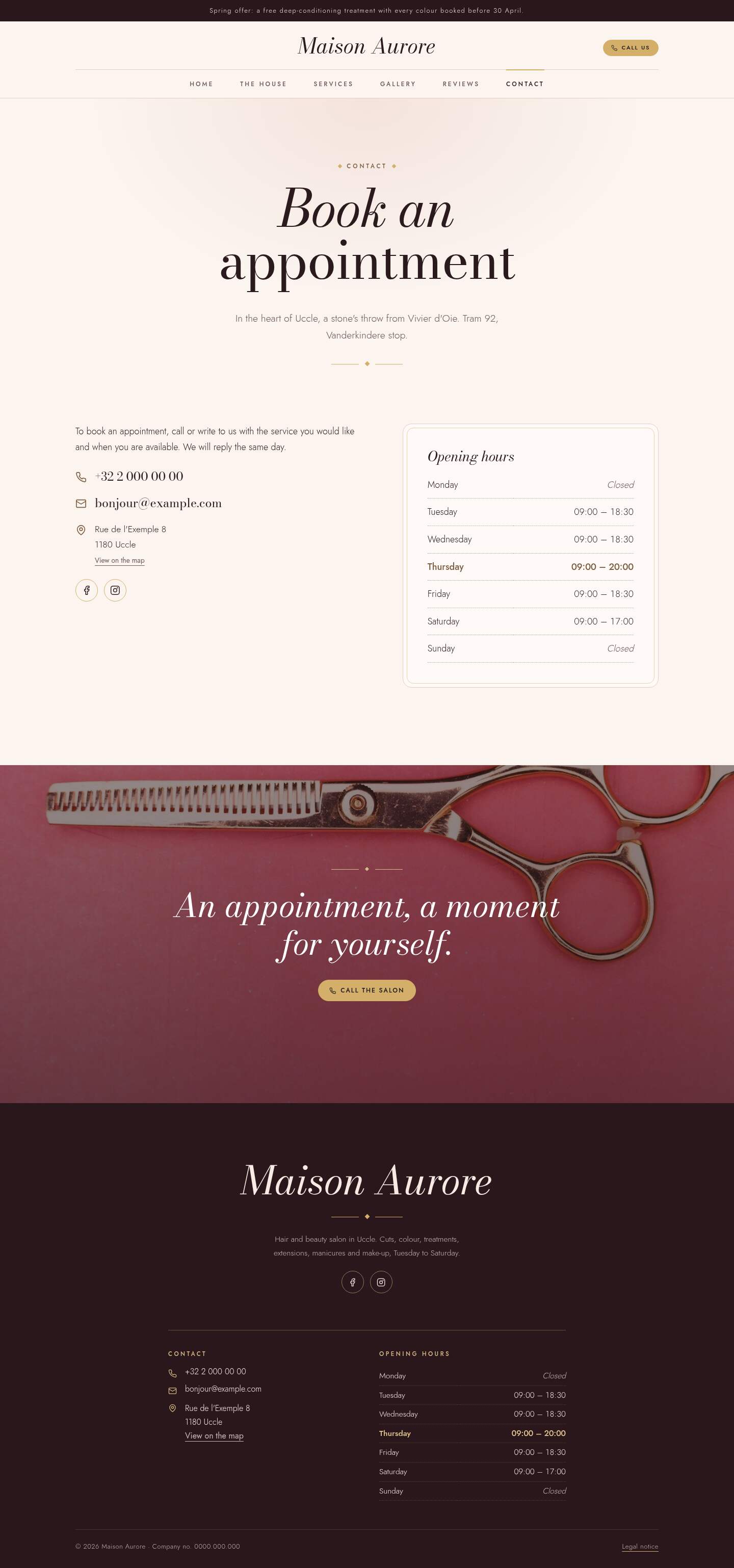 The “Contact” page of the Velvet design on a computer