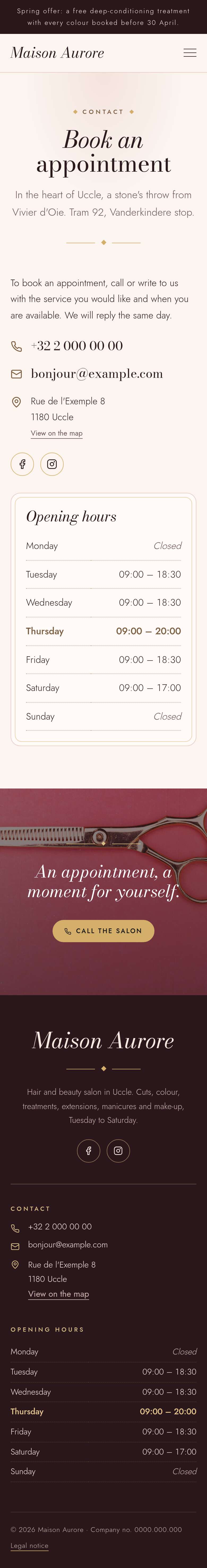 The “Contact” page of the Velvet design on a phone, part 1 of 2