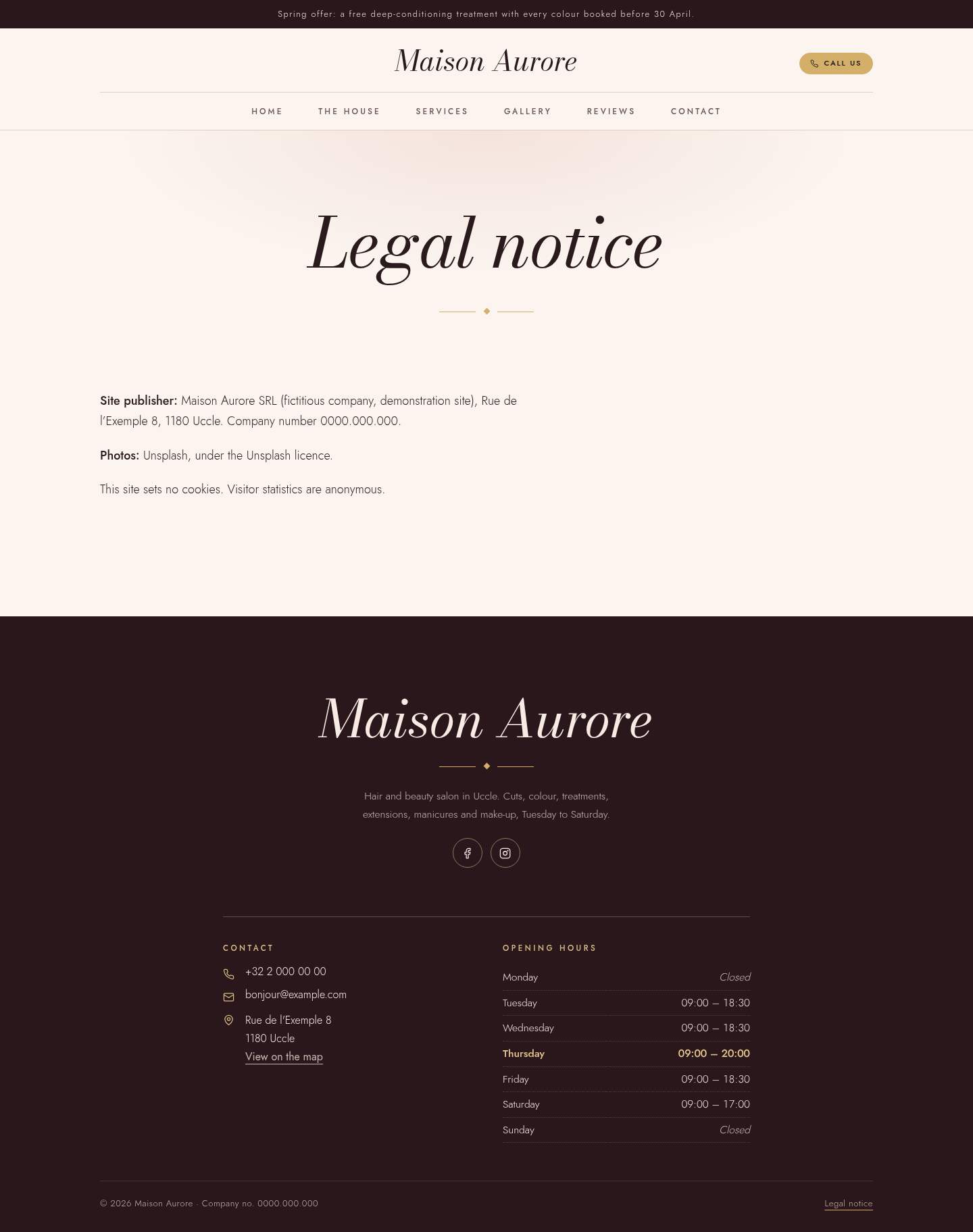The “Legal notice” page of the Velvet design on a computer