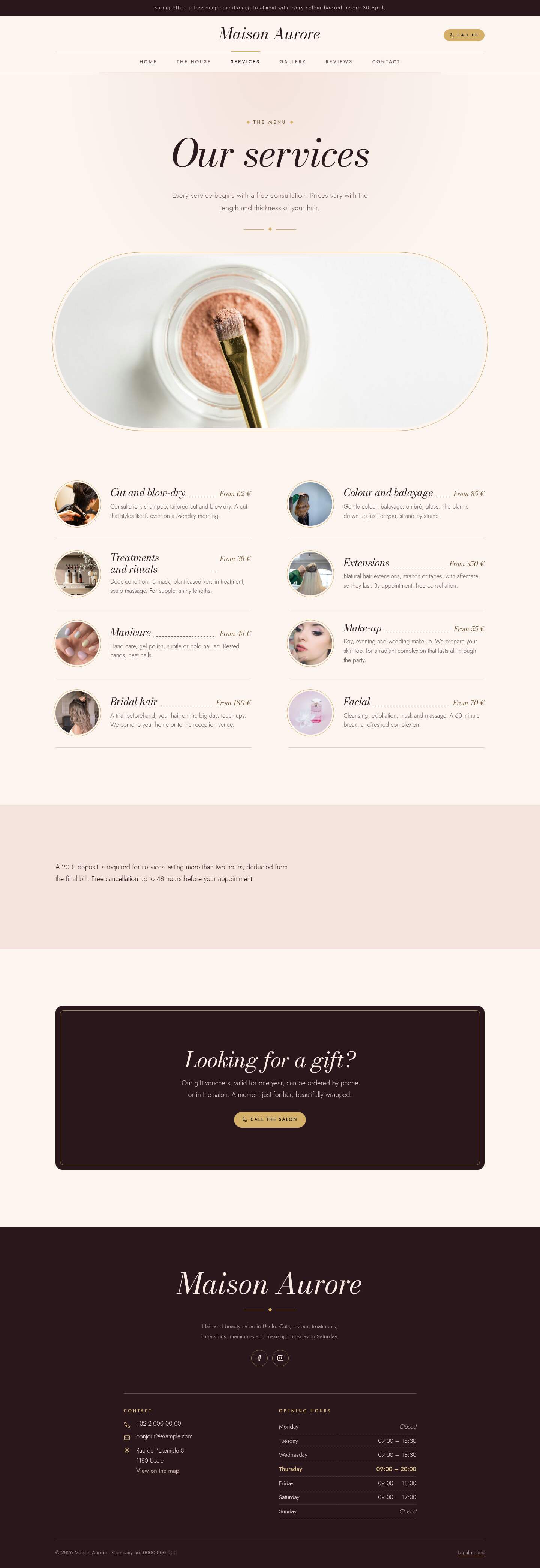 The “Services” page of the Velvet design on a computer