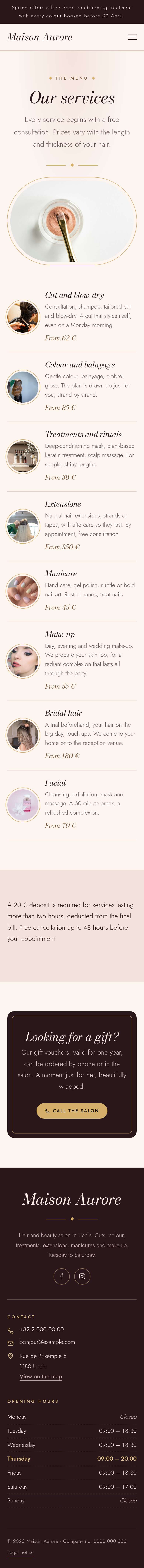 The “Services” page of the Velvet design on a phone, part 1 of 2