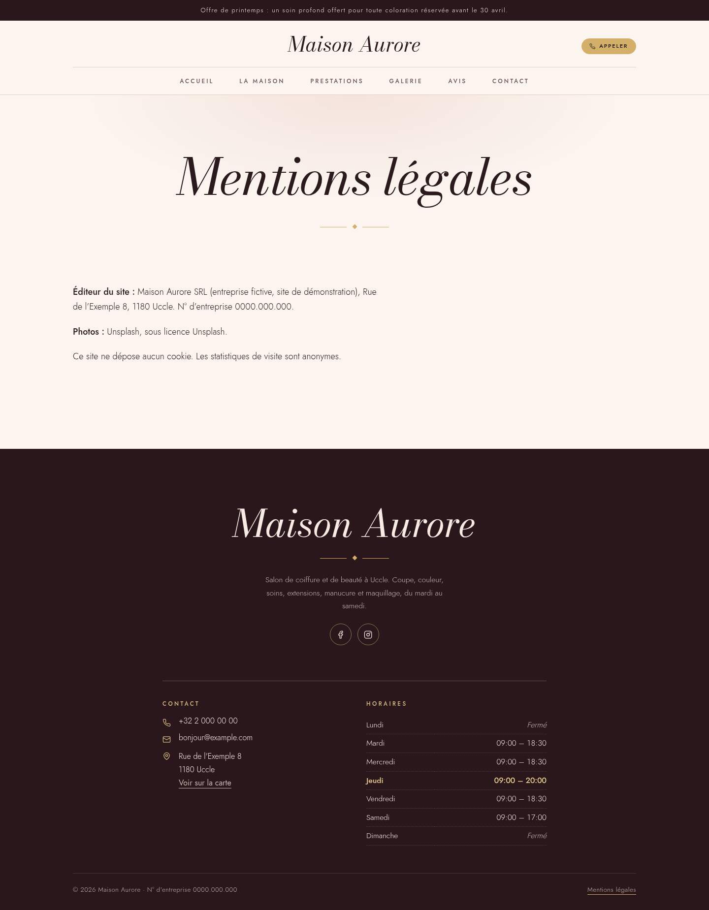 La page « Mentions légales » du modèle Velvet sur un ordinateur